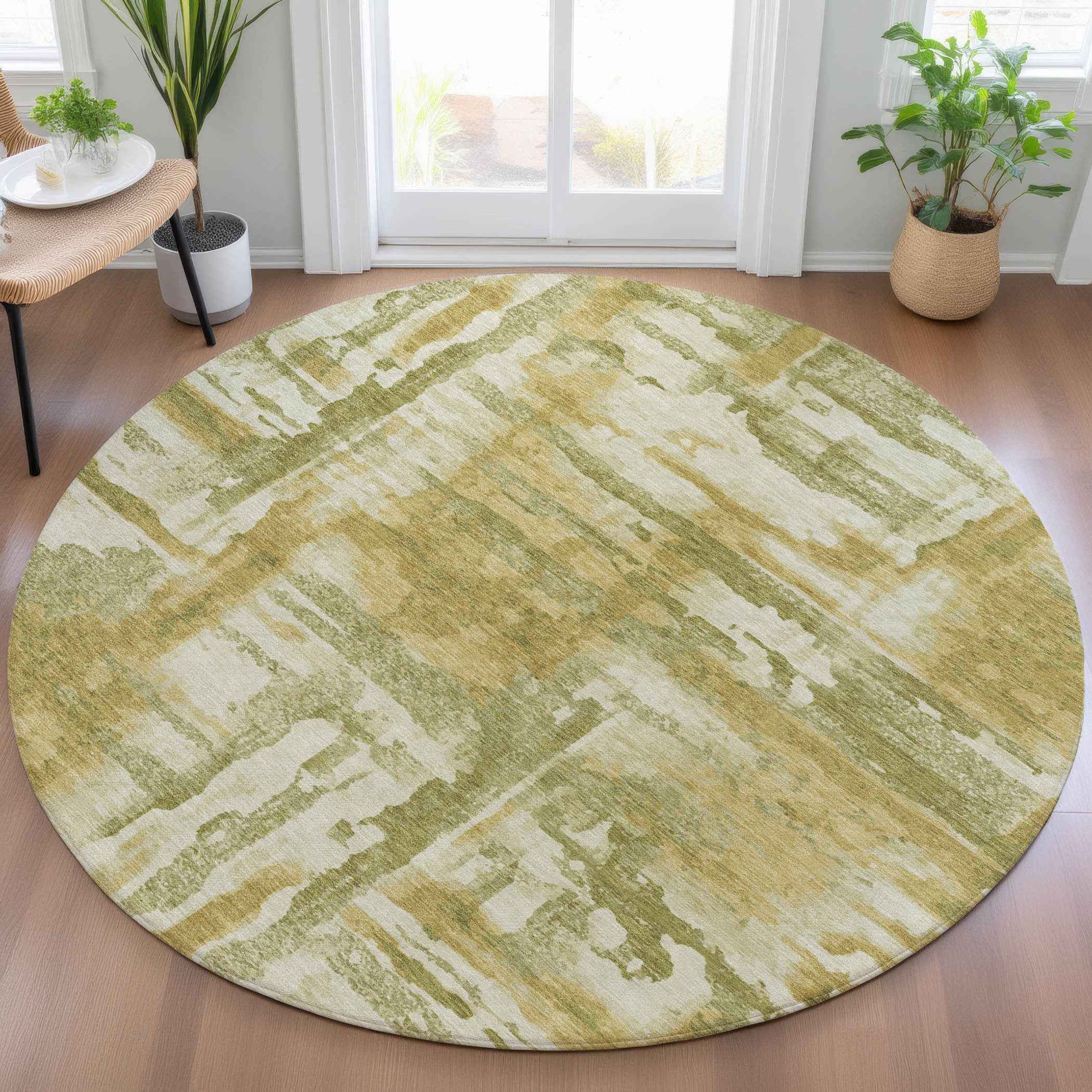 8' Artichoke Green And Gold Round Abstract Washable Indoor Outdoor Area Rug