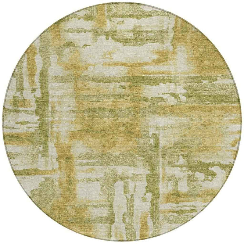 8' Artichoke Green And Gold Round Abstract Washable Indoor Outdoor Area Rug