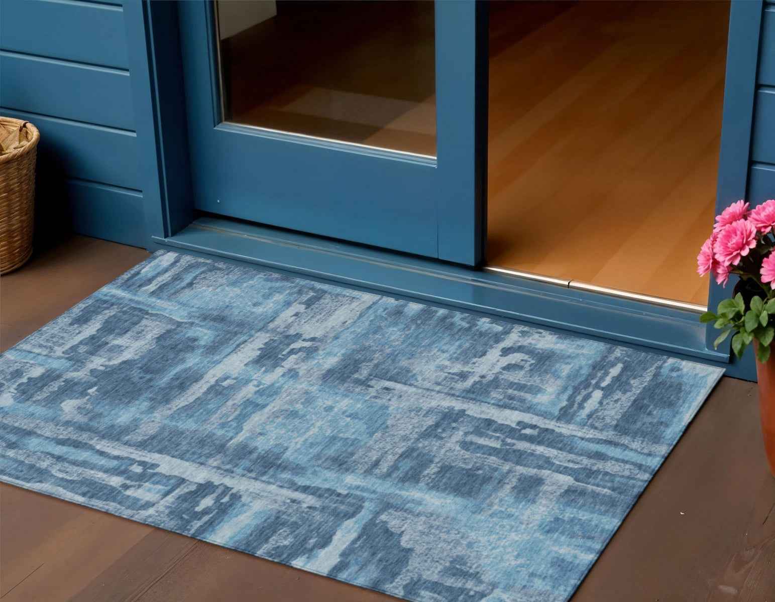 3' X 5' Denim Blue And Sky Blue Abstract Washable Indoor Outdoor Area Rug