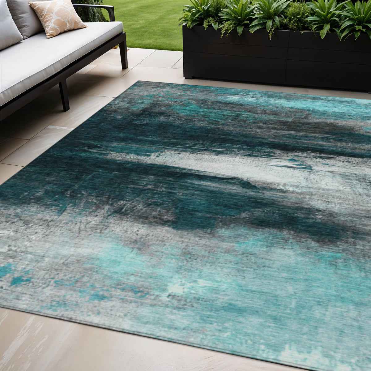 5' X 8' Teal Blue Aqua And Charcoal Abstract Washable Indoor Outdoor Area Rug