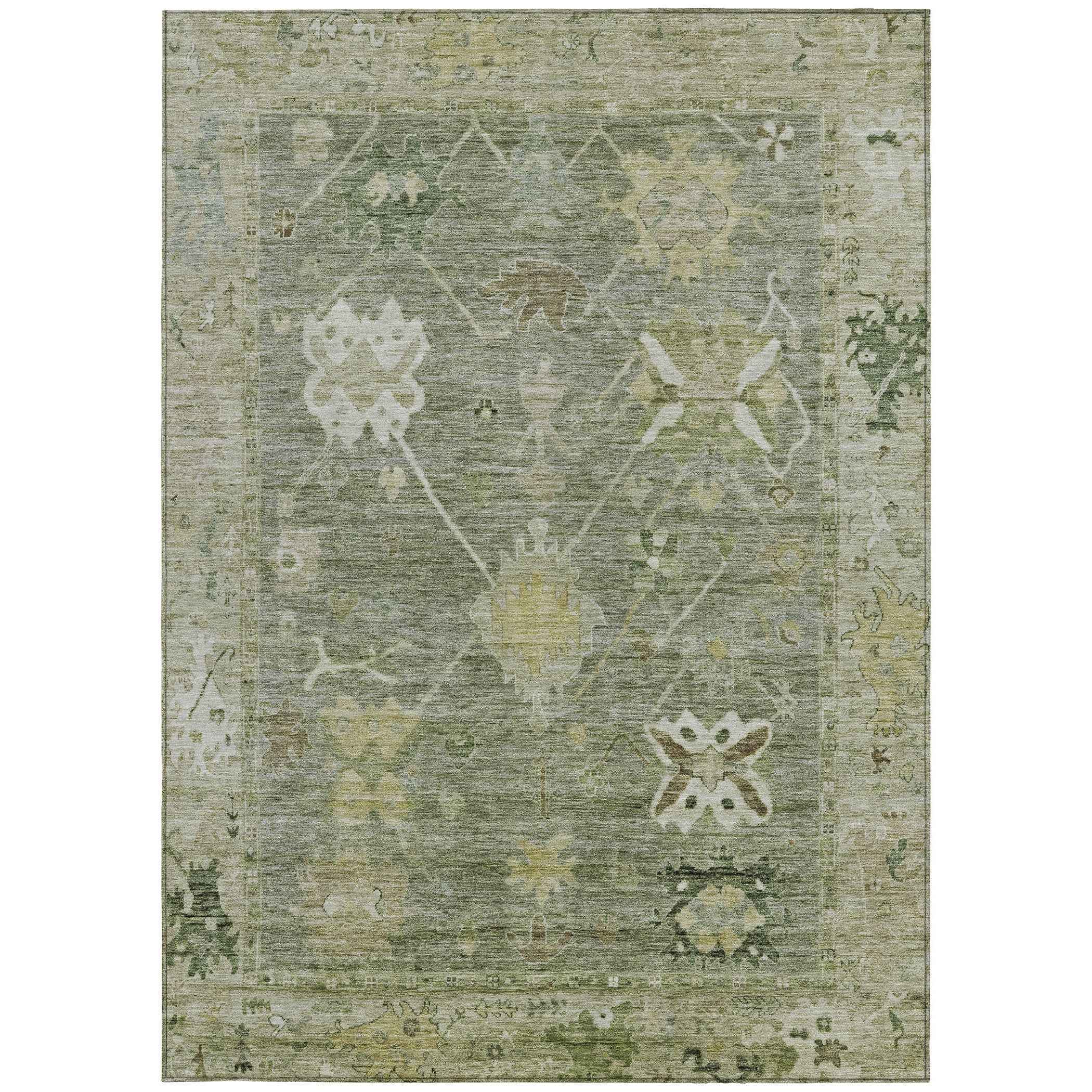 9' X 12' Sage And Beige Tribal Washable Indoor Outdoor Area Rug