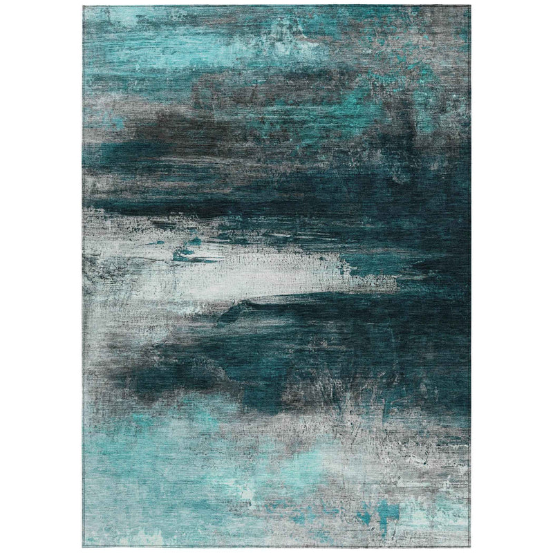 5' X 8' Teal Blue Aqua And Charcoal Abstract Washable Indoor Outdoor Area Rug