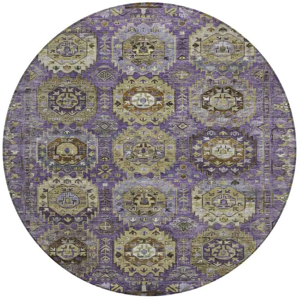8' Eggplant Lavender And Olive Green Round Medallion Washable Indoor Outdoor Area Rug