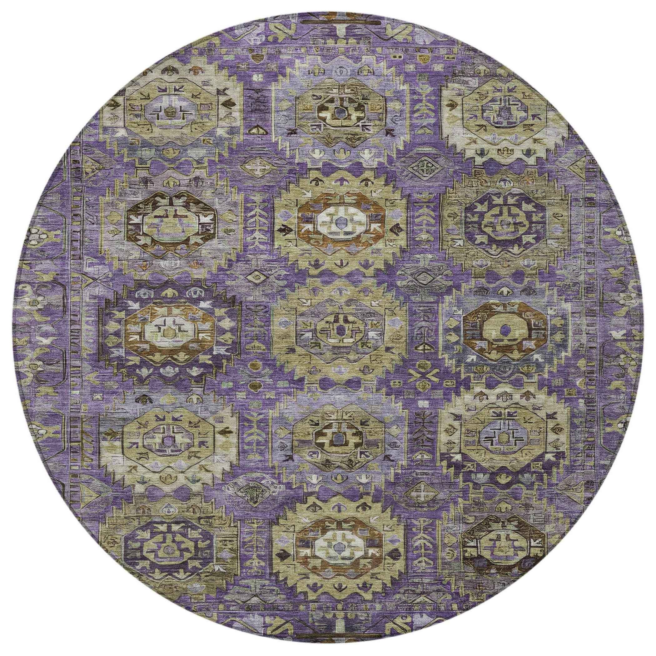 8' Eggplant Lavender And Olive Green Round Medallion Washable Indoor Outdoor Area Rug