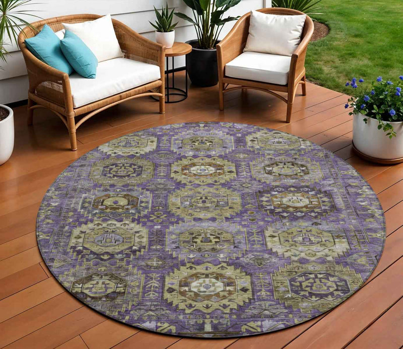 8' Eggplant Lavender And Olive Green Round Medallion Washable Indoor Outdoor Area Rug