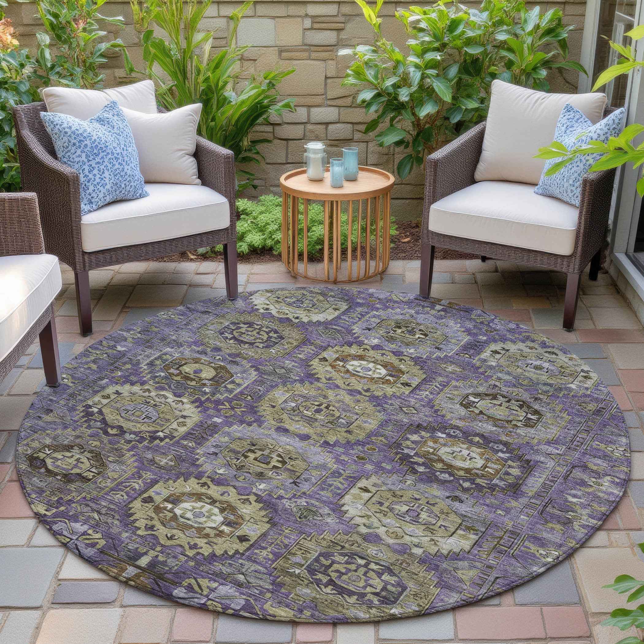 8' Eggplant Lavender And Olive Green Round Medallion Washable Indoor Outdoor Area Rug