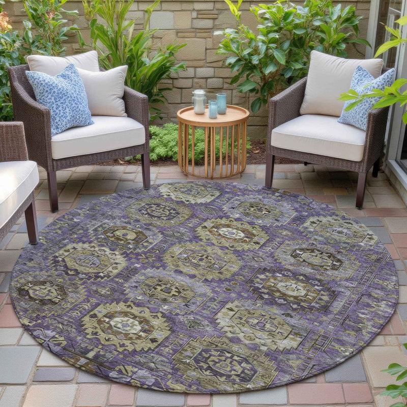 8' Eggplant Lavender And Olive Green Round Medallion Washable Indoor Outdoor Area Rug