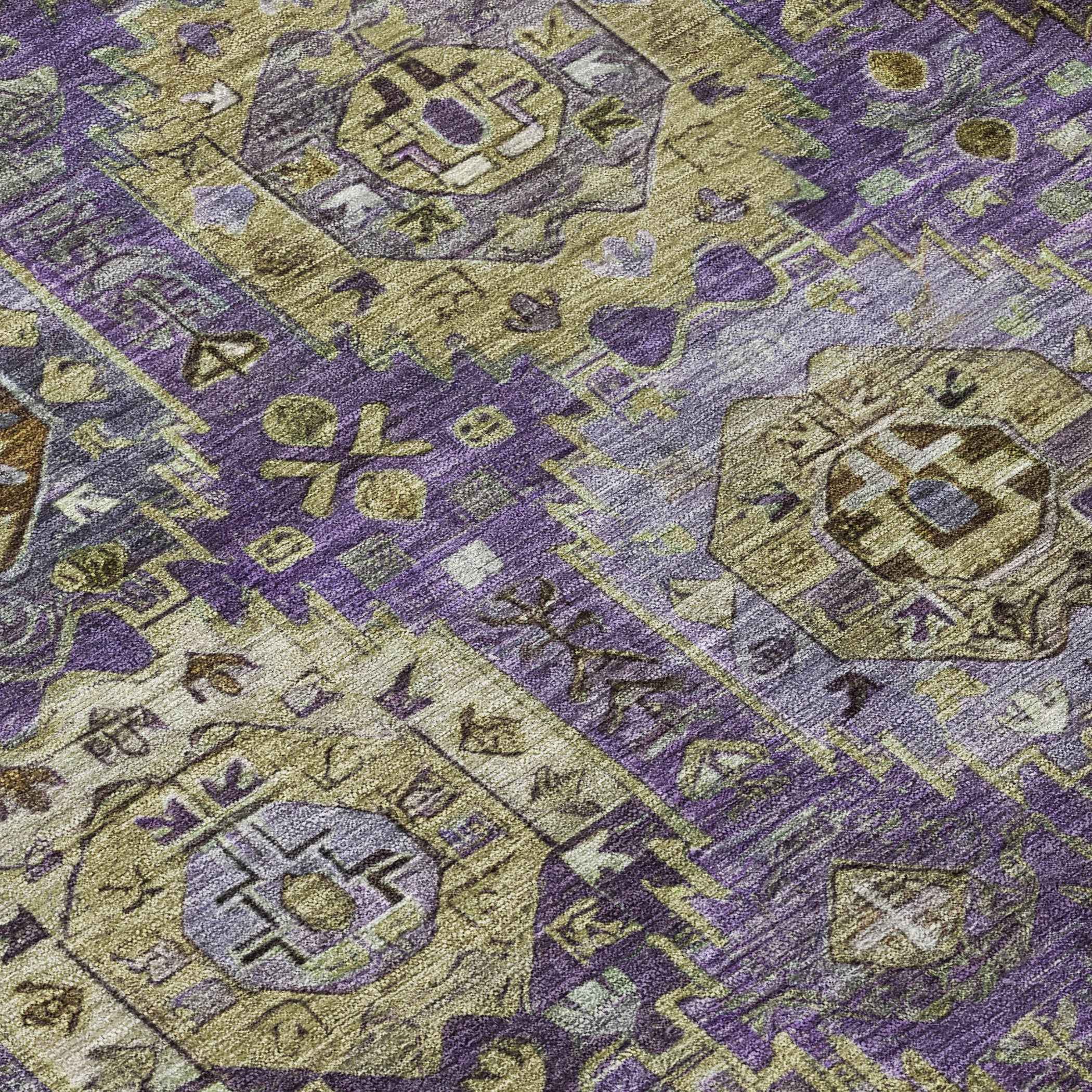 8' Eggplant Lavender And Olive Green Round Medallion Washable Indoor Outdoor Area Rug