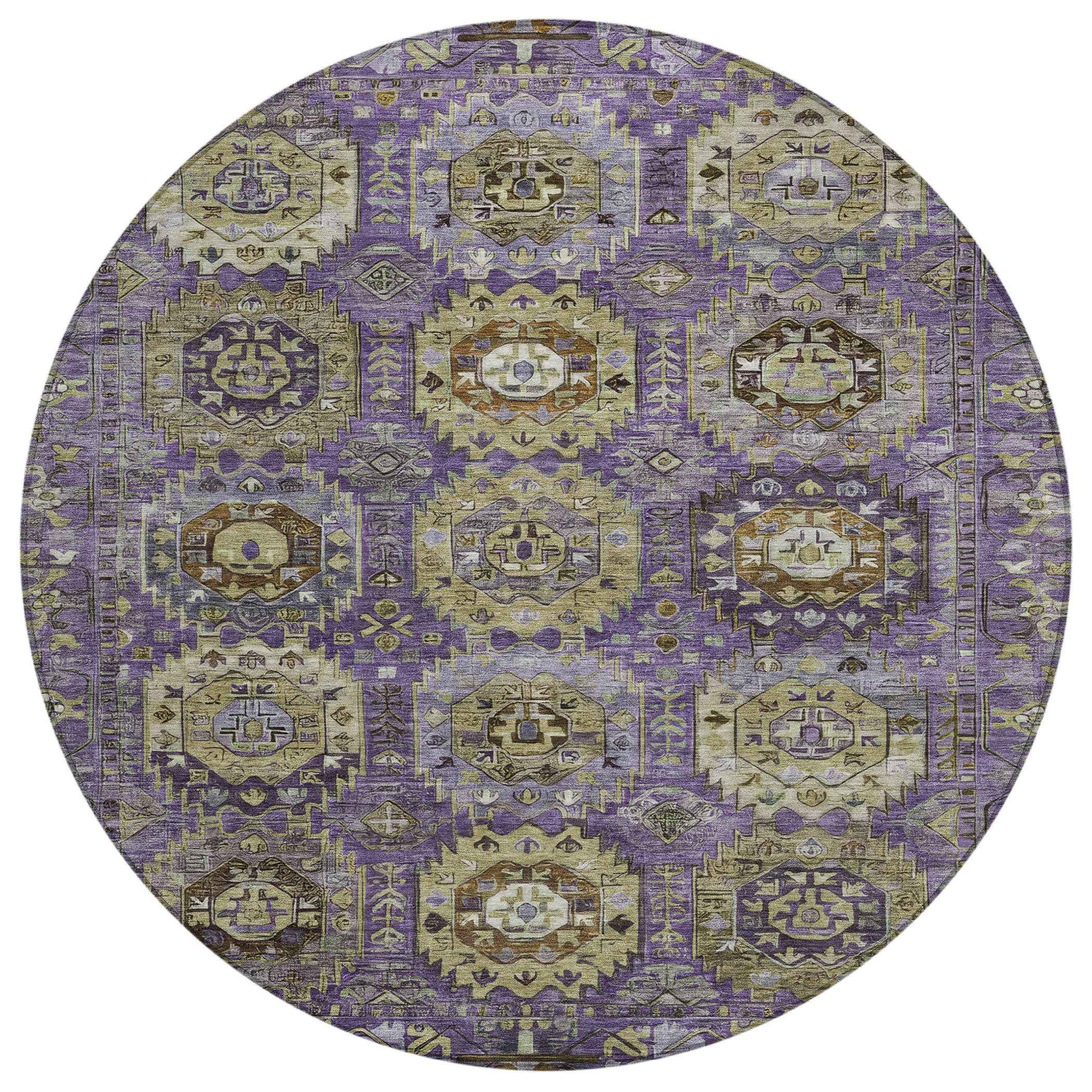 8' Eggplant Lavender And Olive Green Round Medallion Washable Indoor Outdoor Area Rug