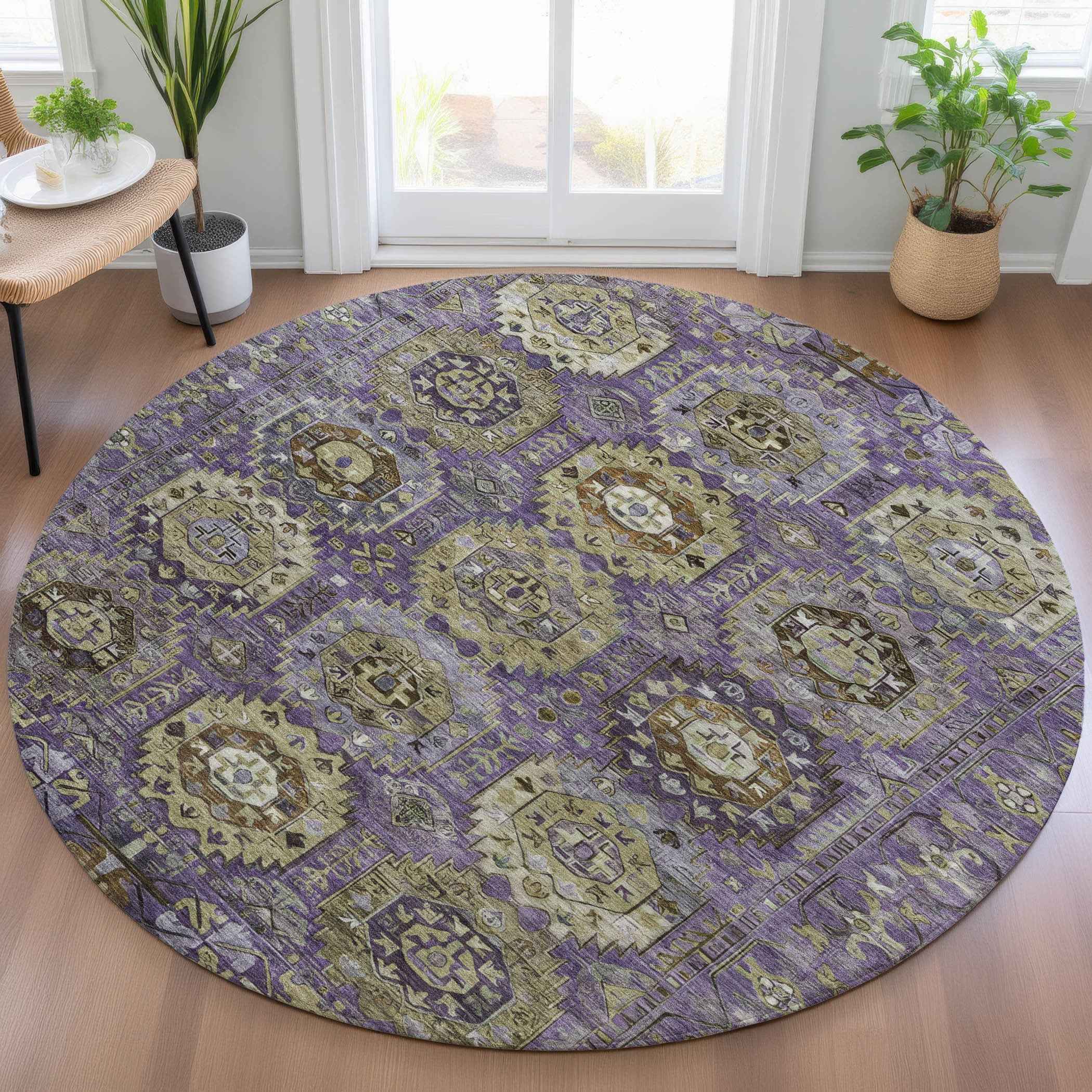 8' Eggplant Lavender And Olive Green Round Medallion Washable Indoor Outdoor Area Rug