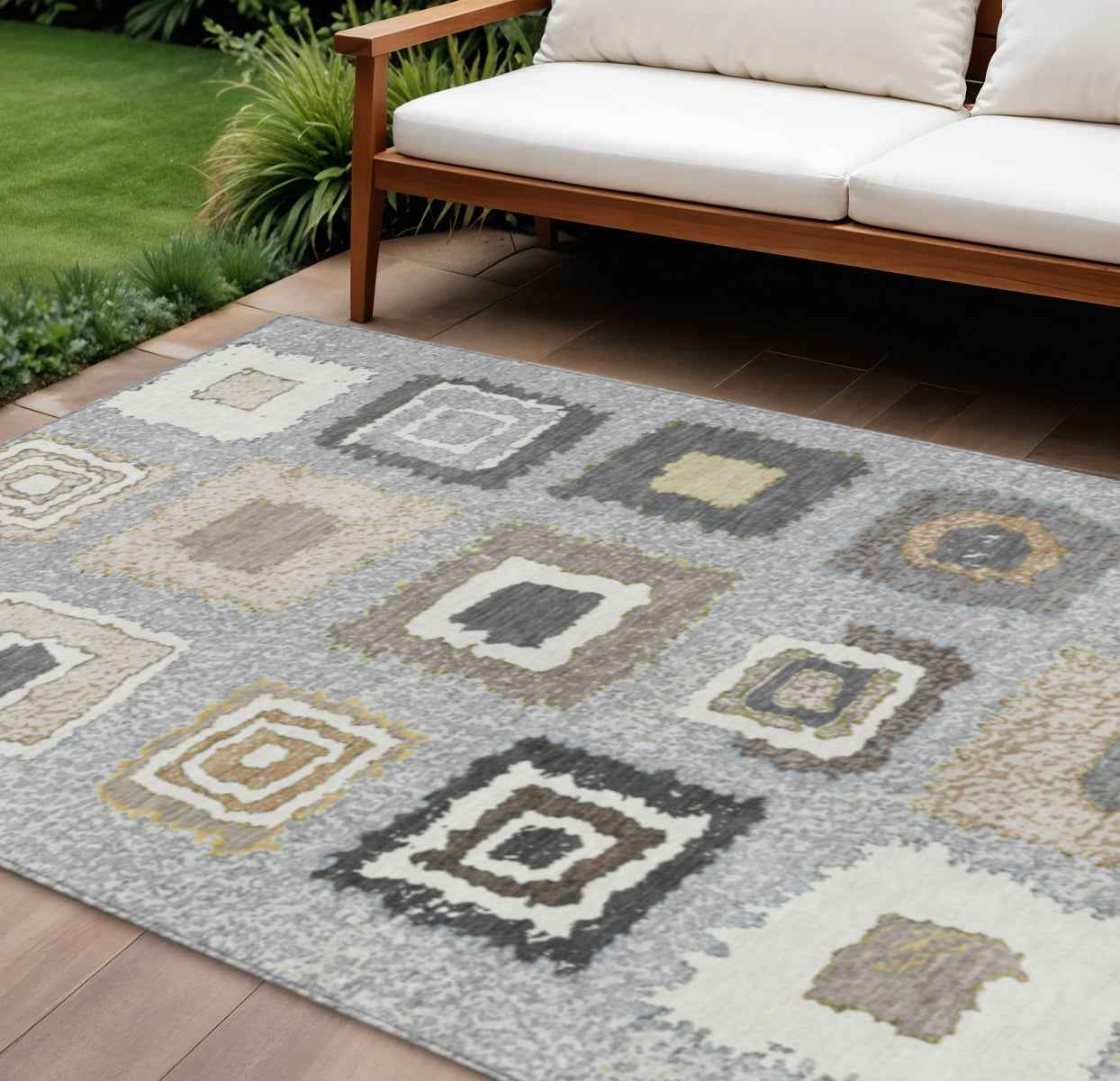 10' X 14' Gray Charcoal And Beige Geometric Washable Indoor Outdoor Area Rug