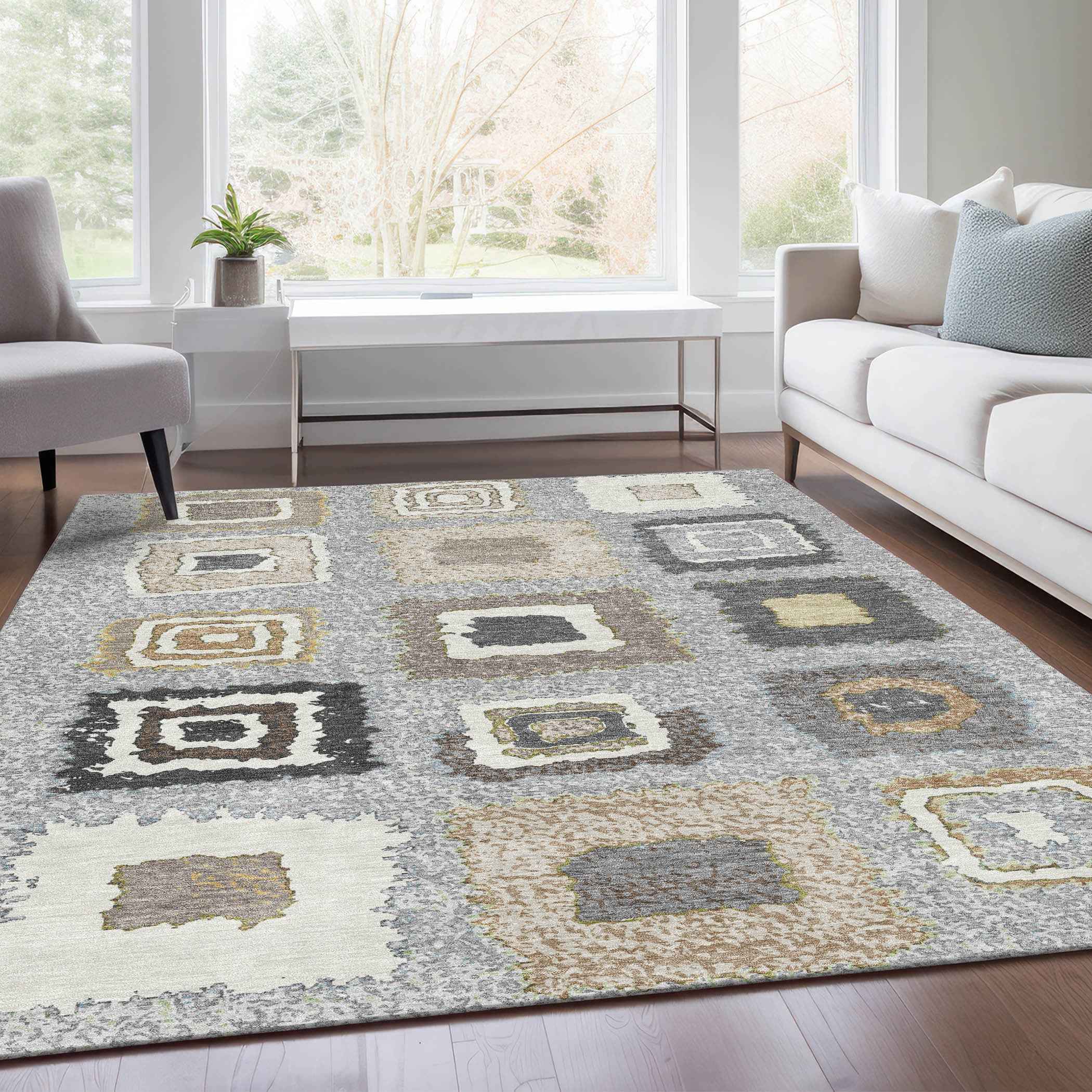 10' X 14' Gray Charcoal And Beige Geometric Washable Indoor Outdoor Area Rug