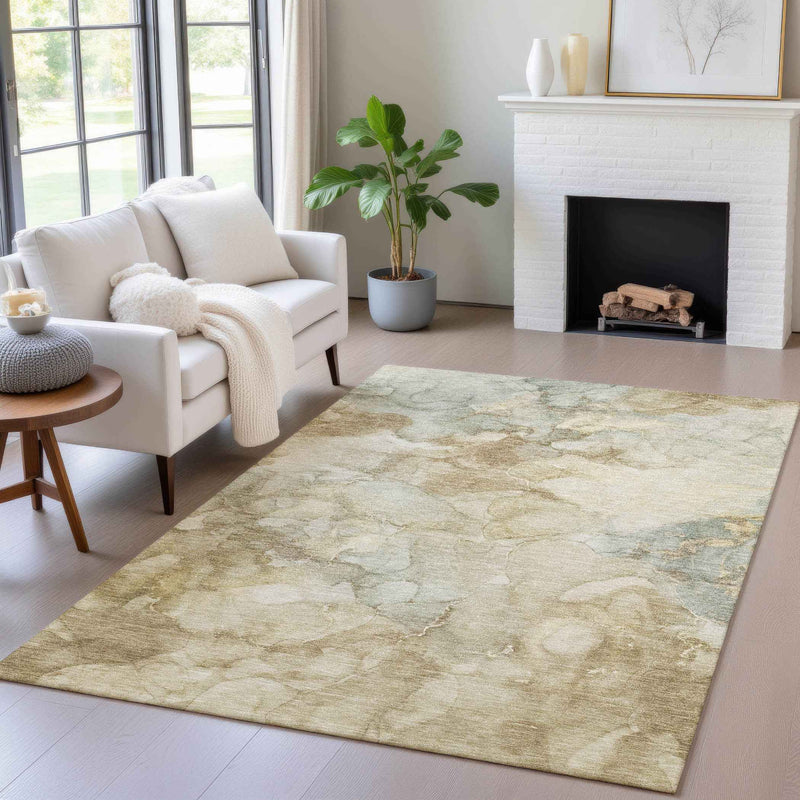 10' X 14' Beige And Ivory Abstract Washable Indoor Outdoor Area Rug