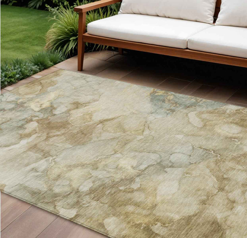 10' X 14' Beige And Ivory Abstract Washable Indoor Outdoor Area Rug