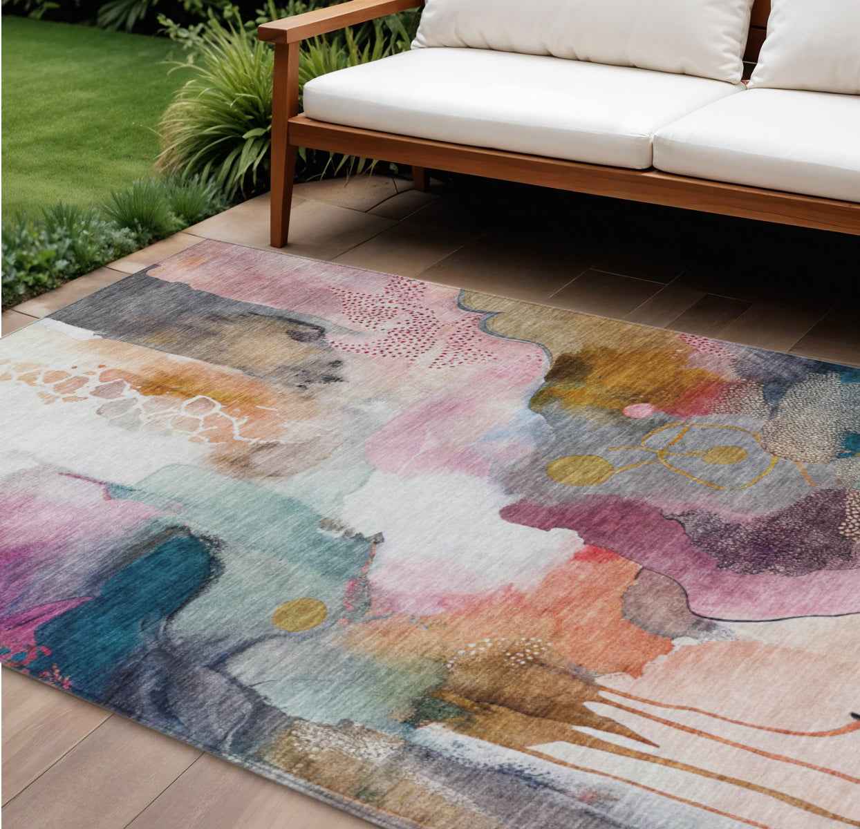 10' X 14' Blush Teal Blue And Ivory Abstract Washable Indoor Outdoor Area Rug
