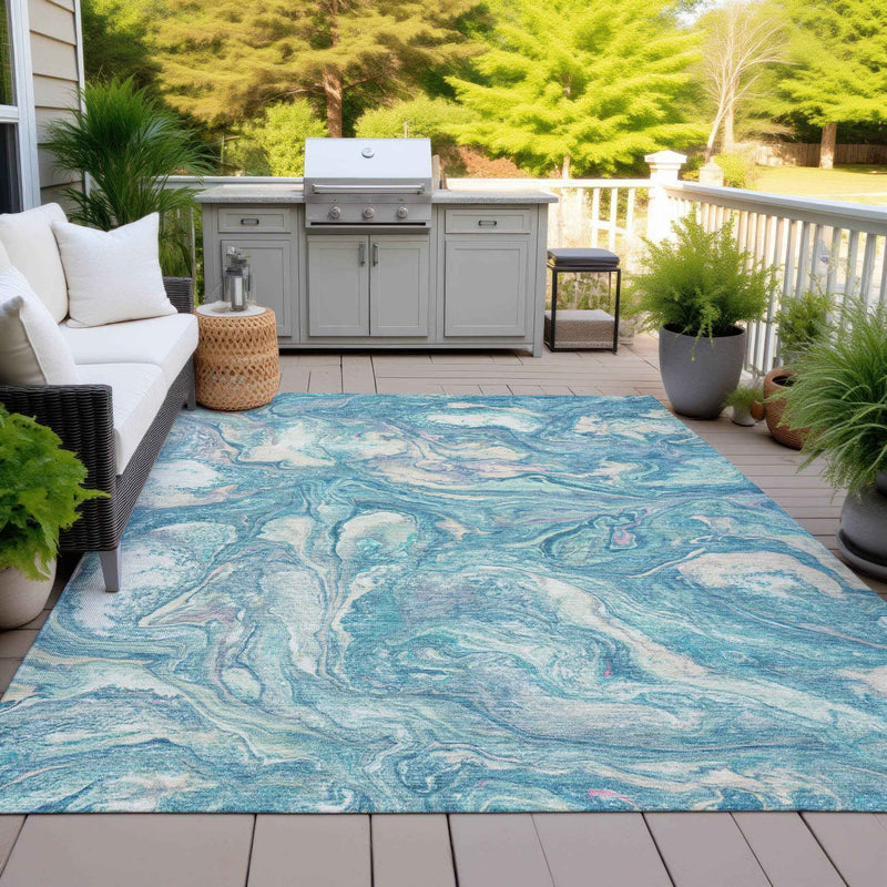 9' X 12' Teal Blue And Ivory Abstract Washable Indoor Outdoor Area Rug