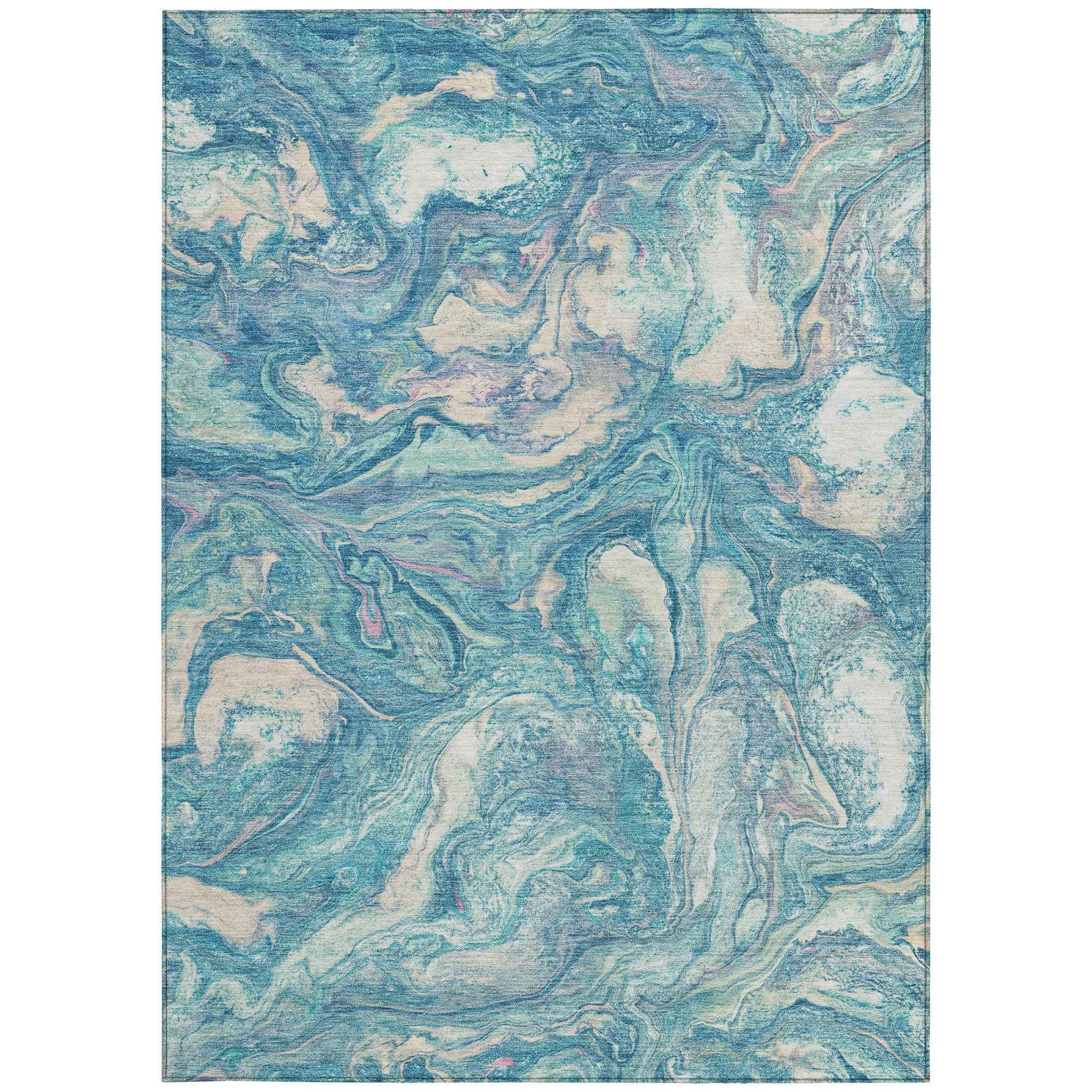 9' X 12' Teal Blue And Ivory Abstract Washable Indoor Outdoor Area Rug