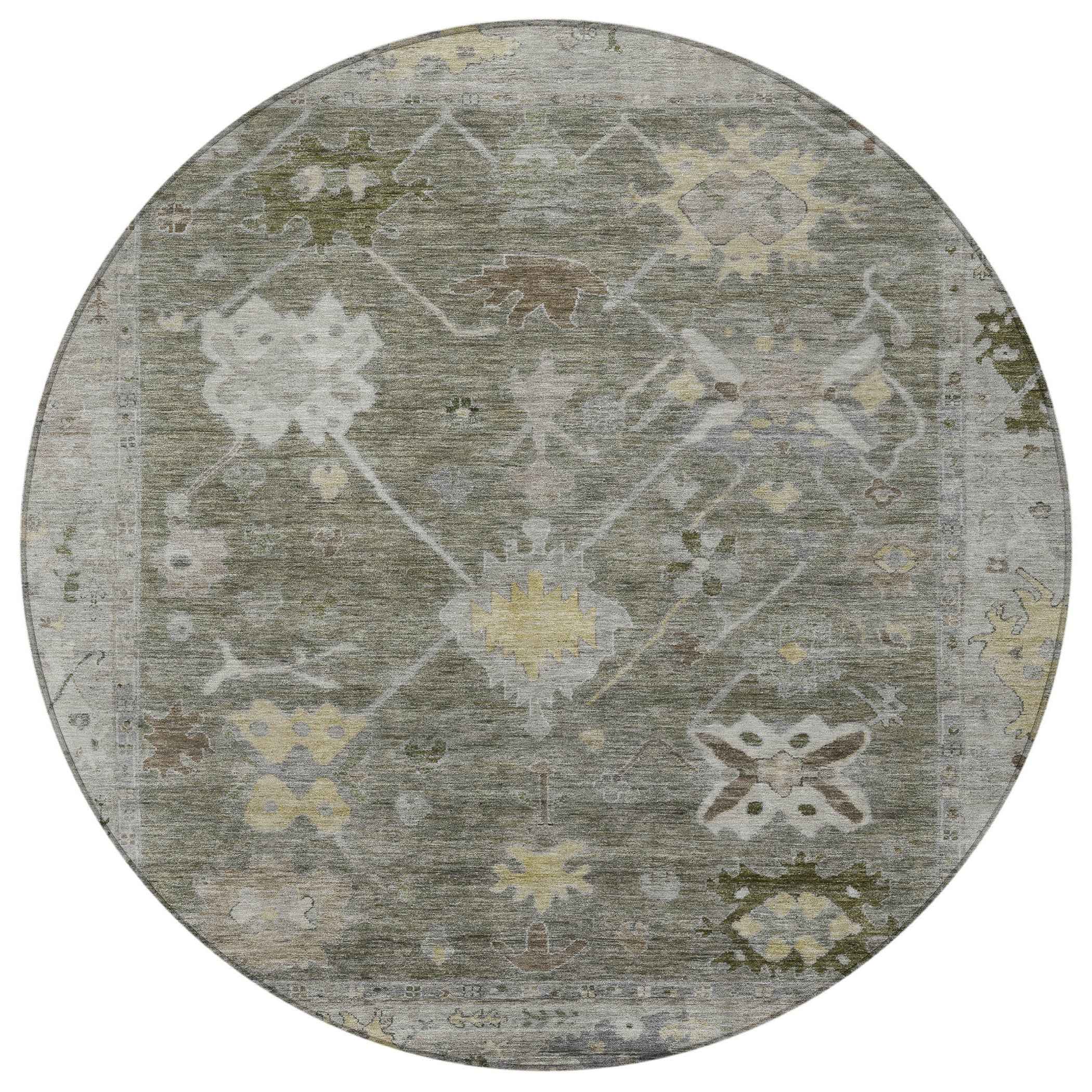 8' Pewter And Gold Round Tribal Washable Indoor Outdoor Area Rug