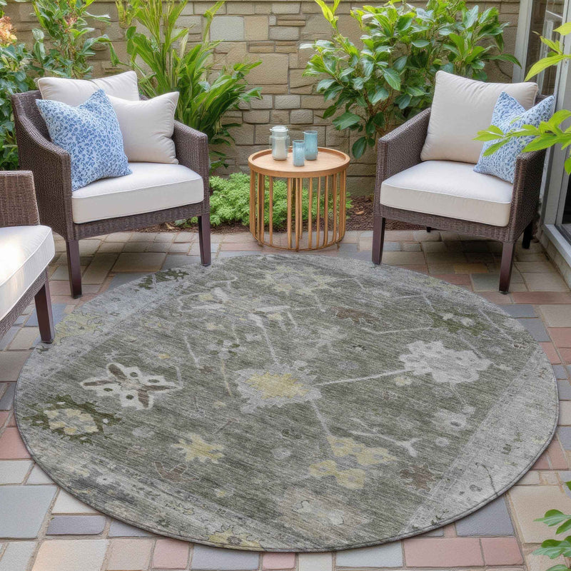 8' Pewter And Gold Round Tribal Washable Indoor Outdoor Area Rug