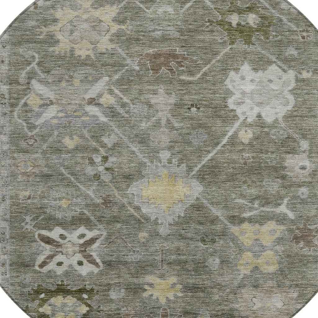 8' Pewter And Gold Round Tribal Washable Indoor Outdoor Area Rug