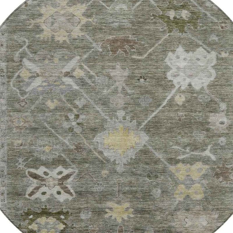 8' Pewter And Gold Round Tribal Washable Indoor Outdoor Area Rug