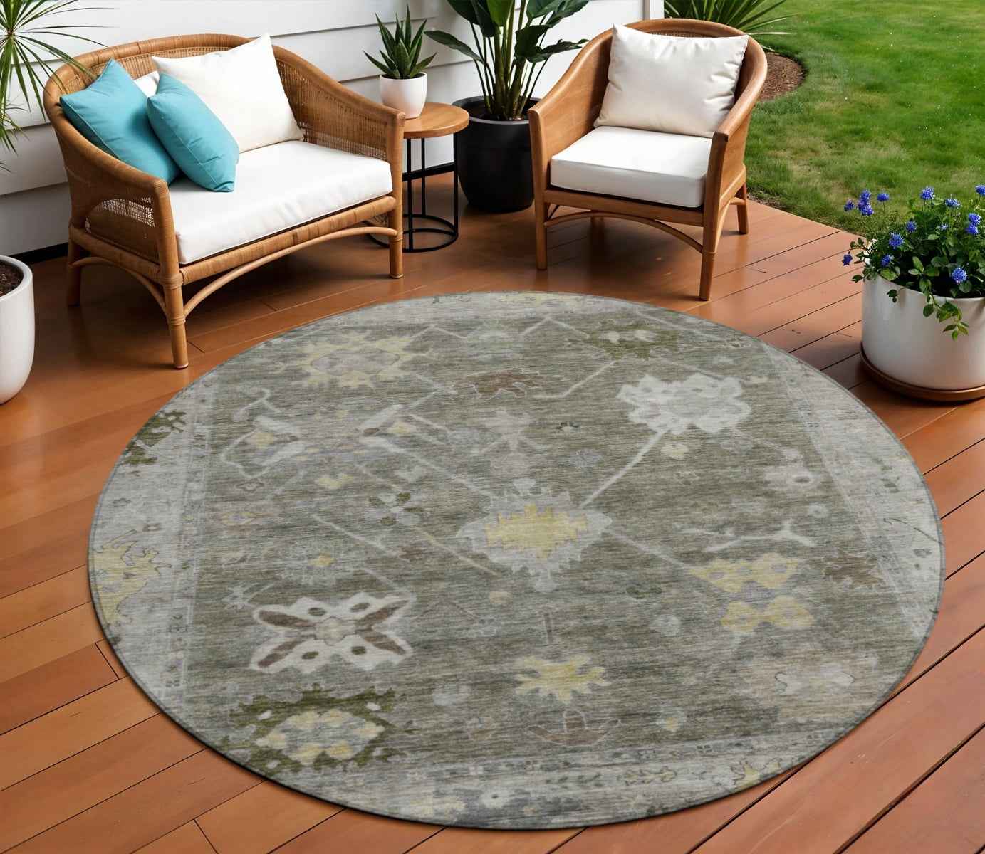 8' Pewter And Gold Round Tribal Washable Indoor Outdoor Area Rug