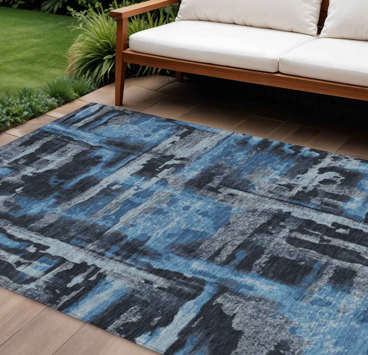 10' X 14' Black And Blue Abstract Washable Indoor Outdoor Area Rug