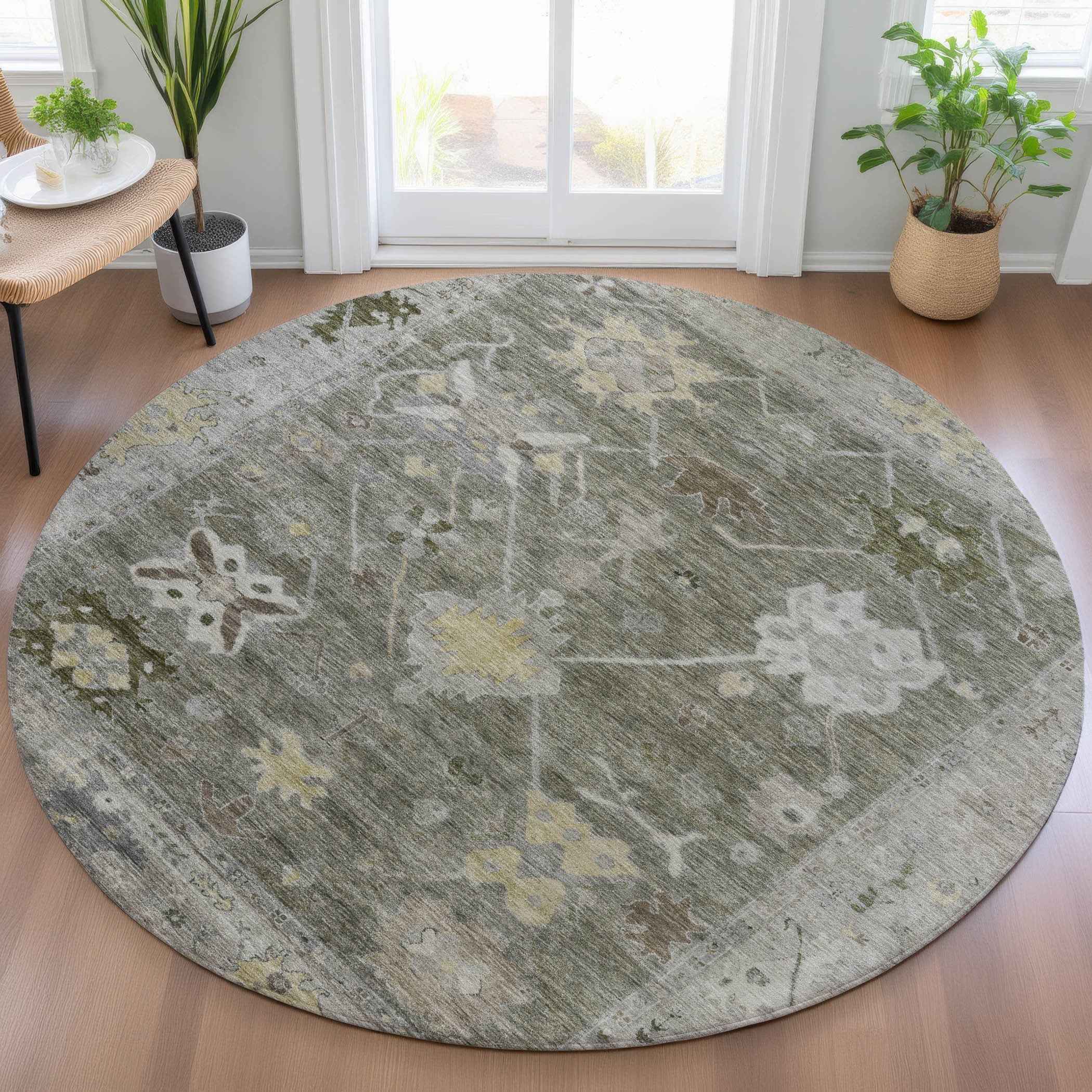 8' Pewter And Gold Round Tribal Washable Indoor Outdoor Area Rug