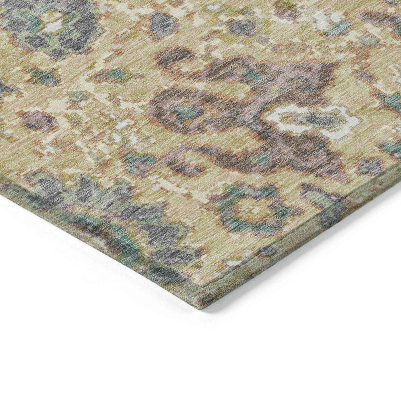 10' X 14' Gold Beige And Pale Aqua Floral Washable Indoor Outdoor Area Rug