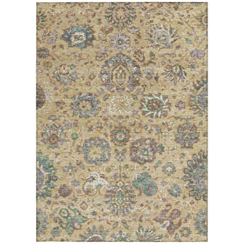10' X 14' Gold Beige And Pale Aqua Floral Washable Indoor Outdoor Area Rug