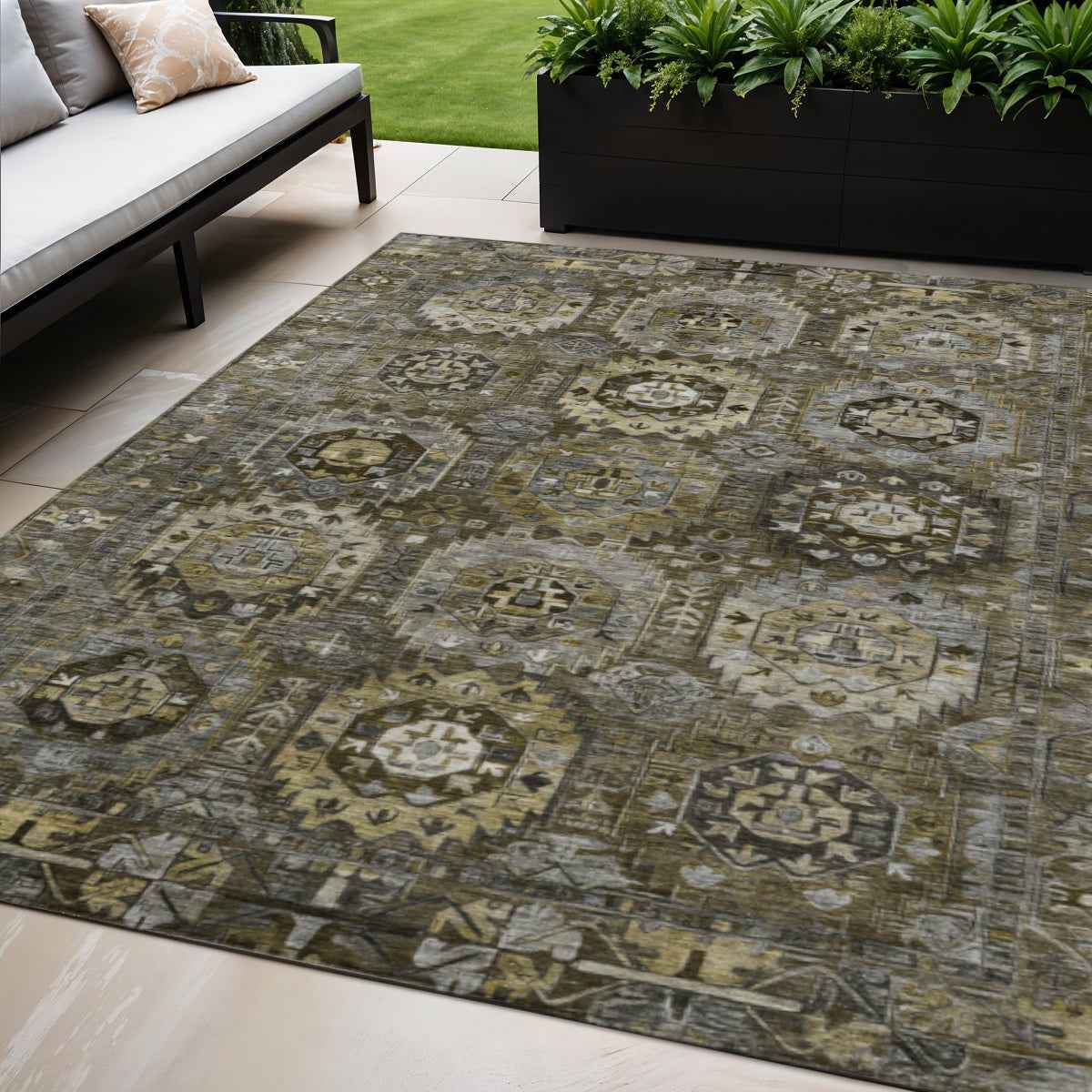 5' X 8' Brown Charcoal And Beige Medallion Washable Indoor Outdoor Area Rug