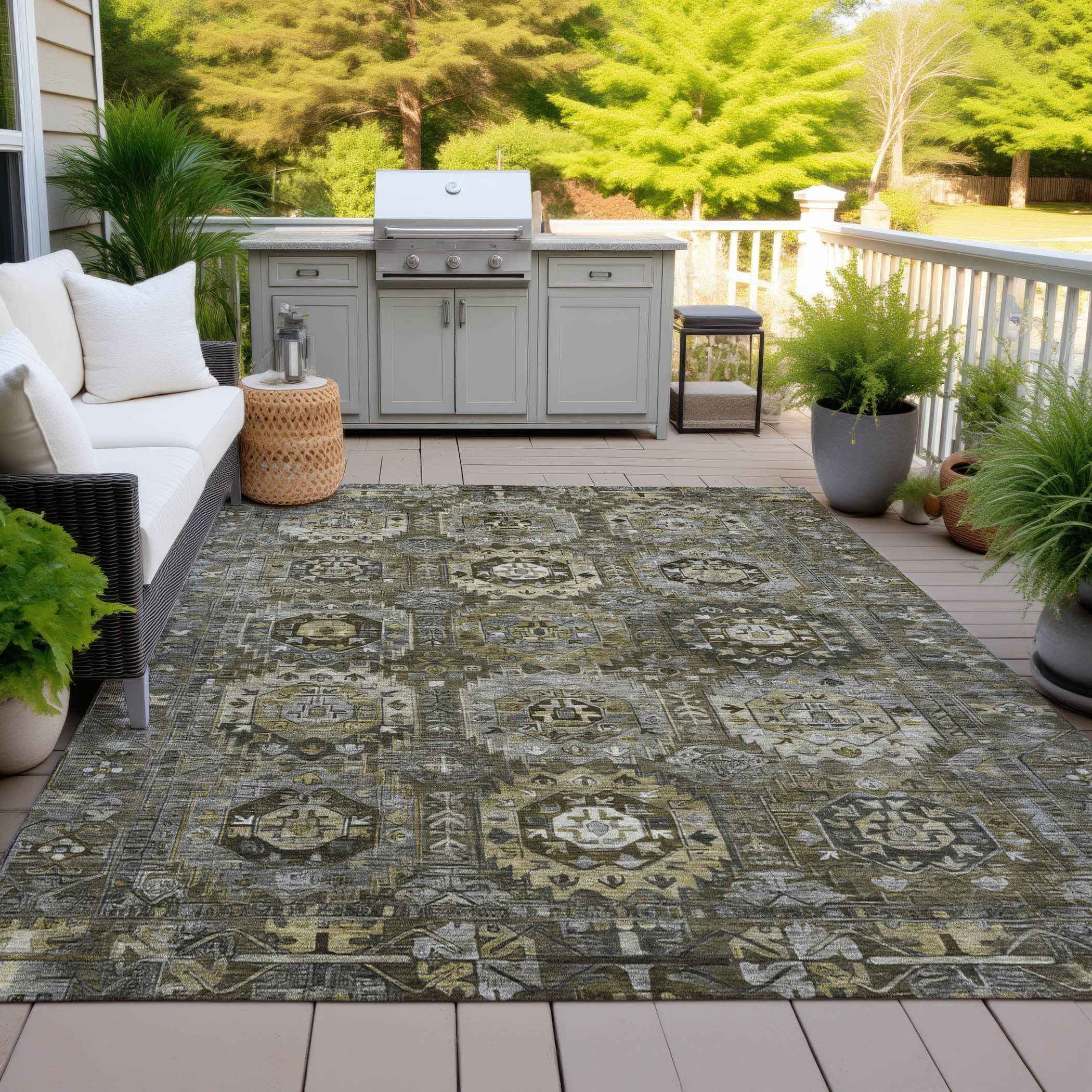 5' X 8' Brown Charcoal And Beige Medallion Washable Indoor Outdoor Area Rug