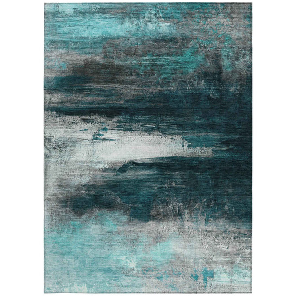 3' X 5' Teal Blue Aqua And Charcoal Abstract Washable Indoor Outdoor Area Rug