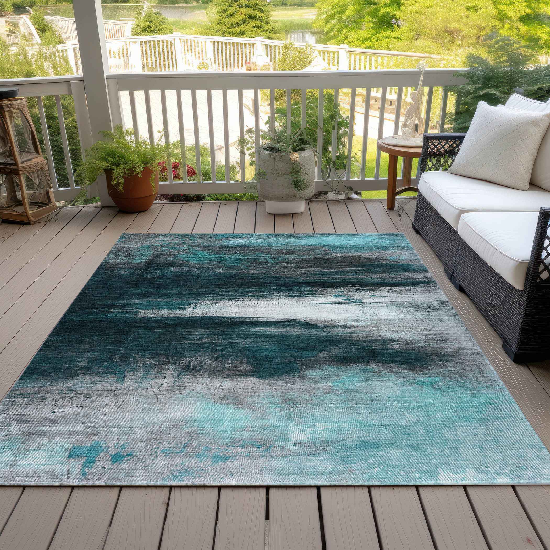 3' X 5' Teal Blue Aqua And Charcoal Abstract Washable Indoor Outdoor Area Rug
