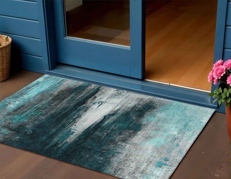 3' X 5' Teal Blue Aqua And Charcoal Abstract Washable Indoor Outdoor Area Rug