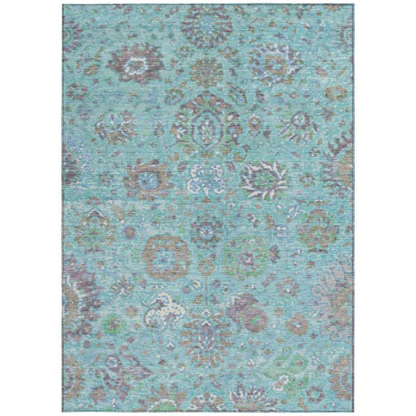 10' X 14' Teal Blue Taupe And Ivory Floral Washable Indoor Outdoor Area Rug