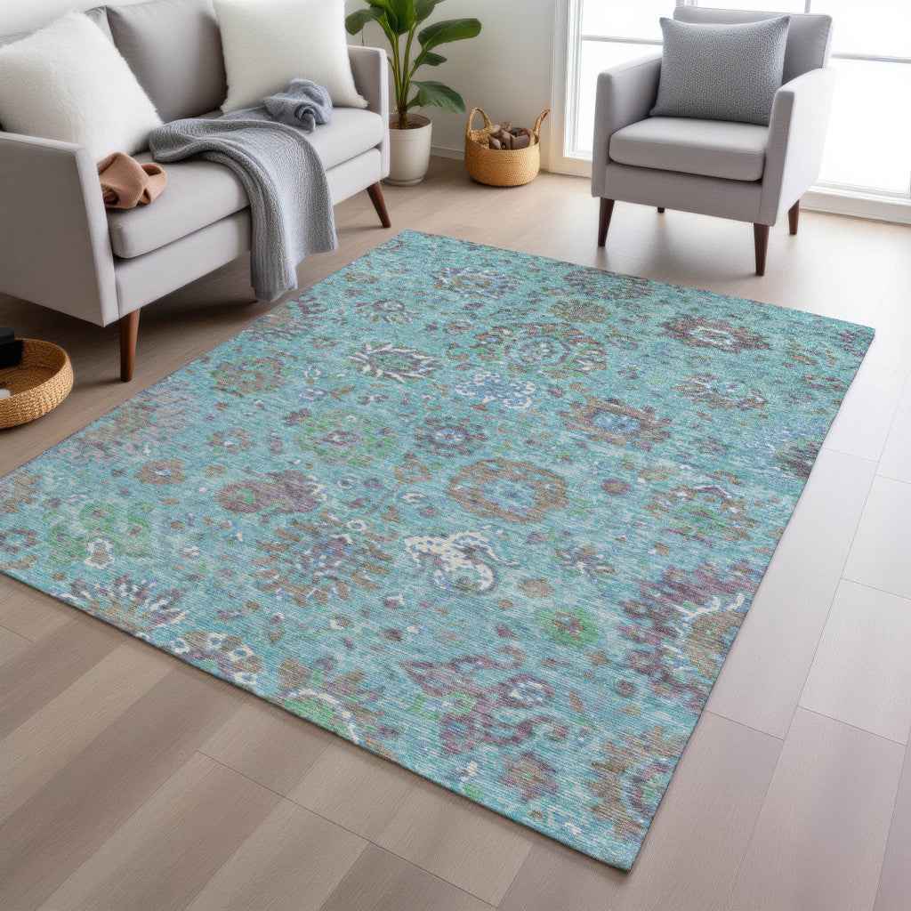 10' X 14' Teal Blue Taupe And Ivory Floral Washable Indoor Outdoor Area Rug