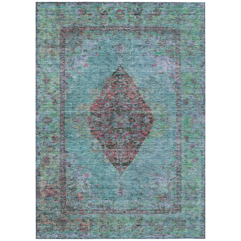 8' X 10' Aqua And Mauve Medallion Washable Indoor Outdoor Area Rug