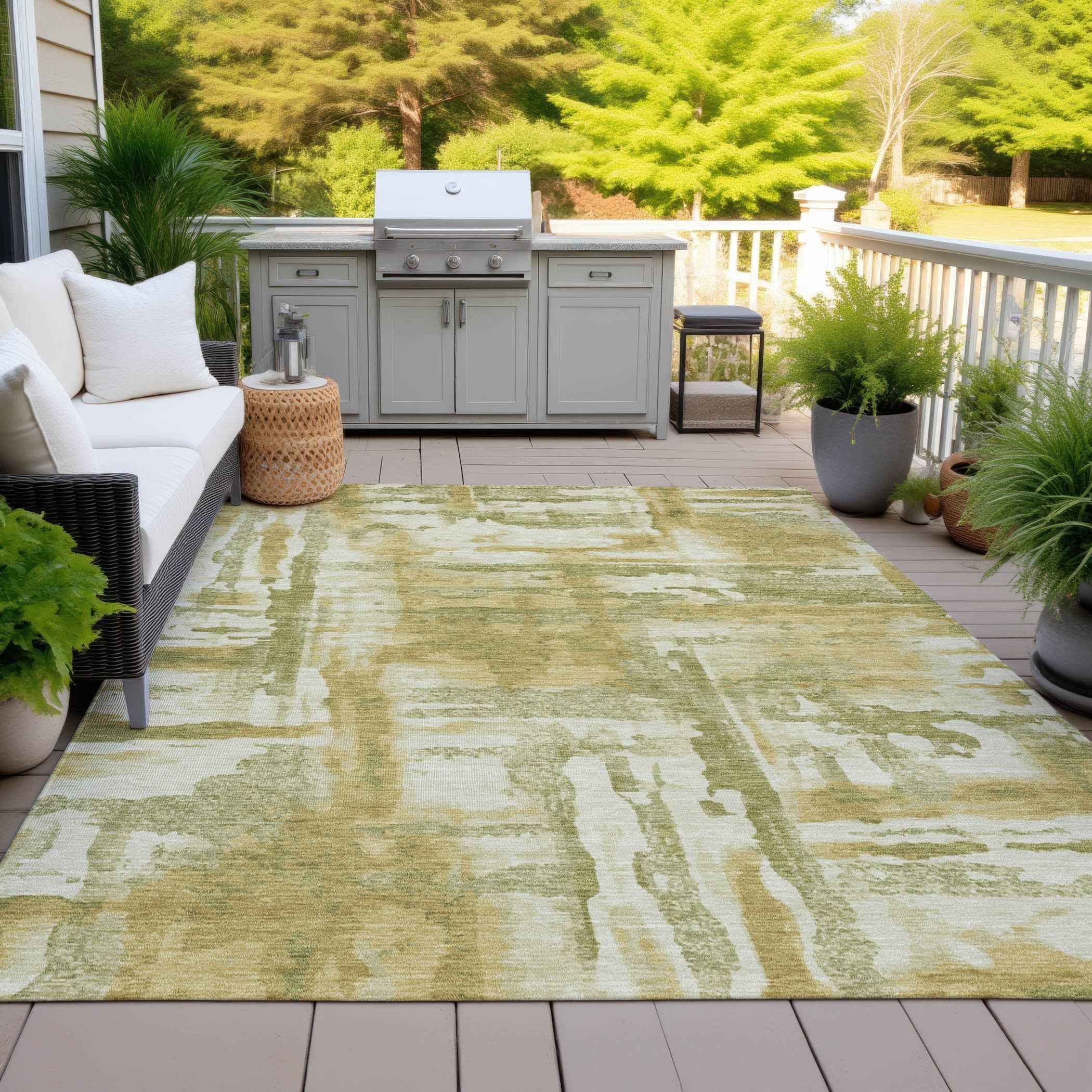 9' X 12' Artichoke Green And Gold Abstract Washable Indoor Outdoor Area Rug