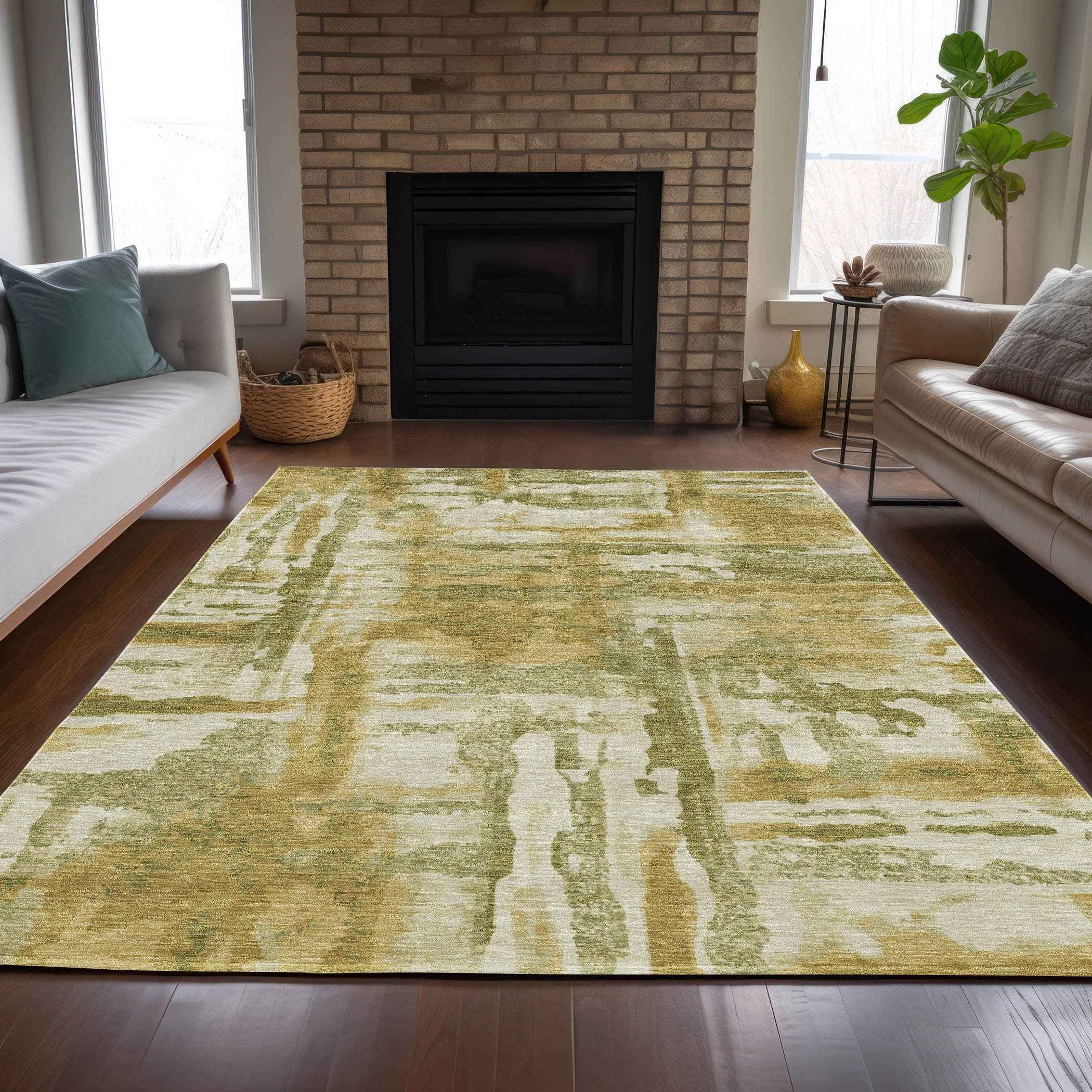 9' X 12' Artichoke Green And Gold Abstract Washable Indoor Outdoor Area Rug