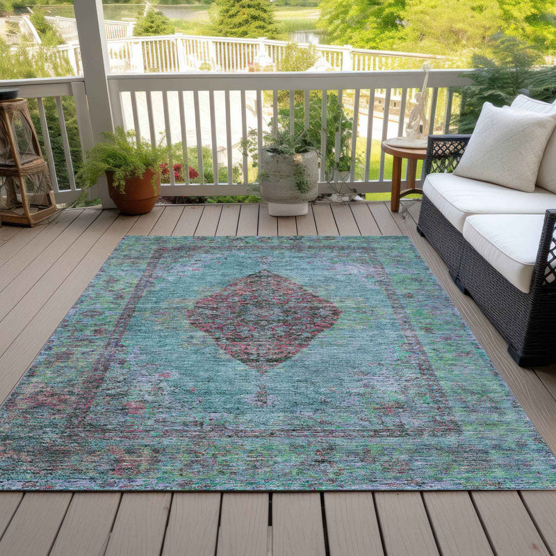 8' X 10' Aqua And Mauve Medallion Washable Indoor Outdoor Area Rug