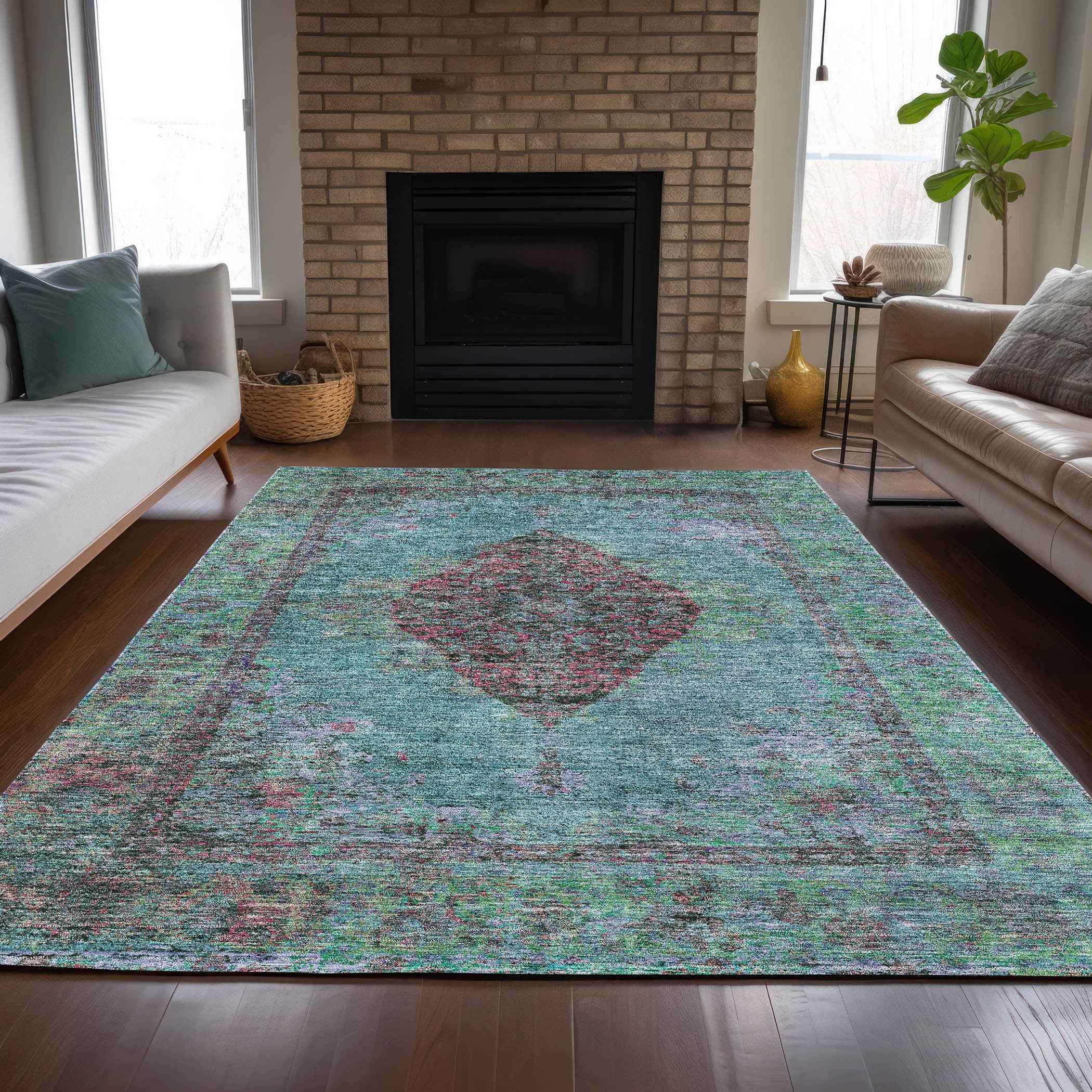8' X 10' Aqua And Mauve Medallion Washable Indoor Outdoor Area Rug