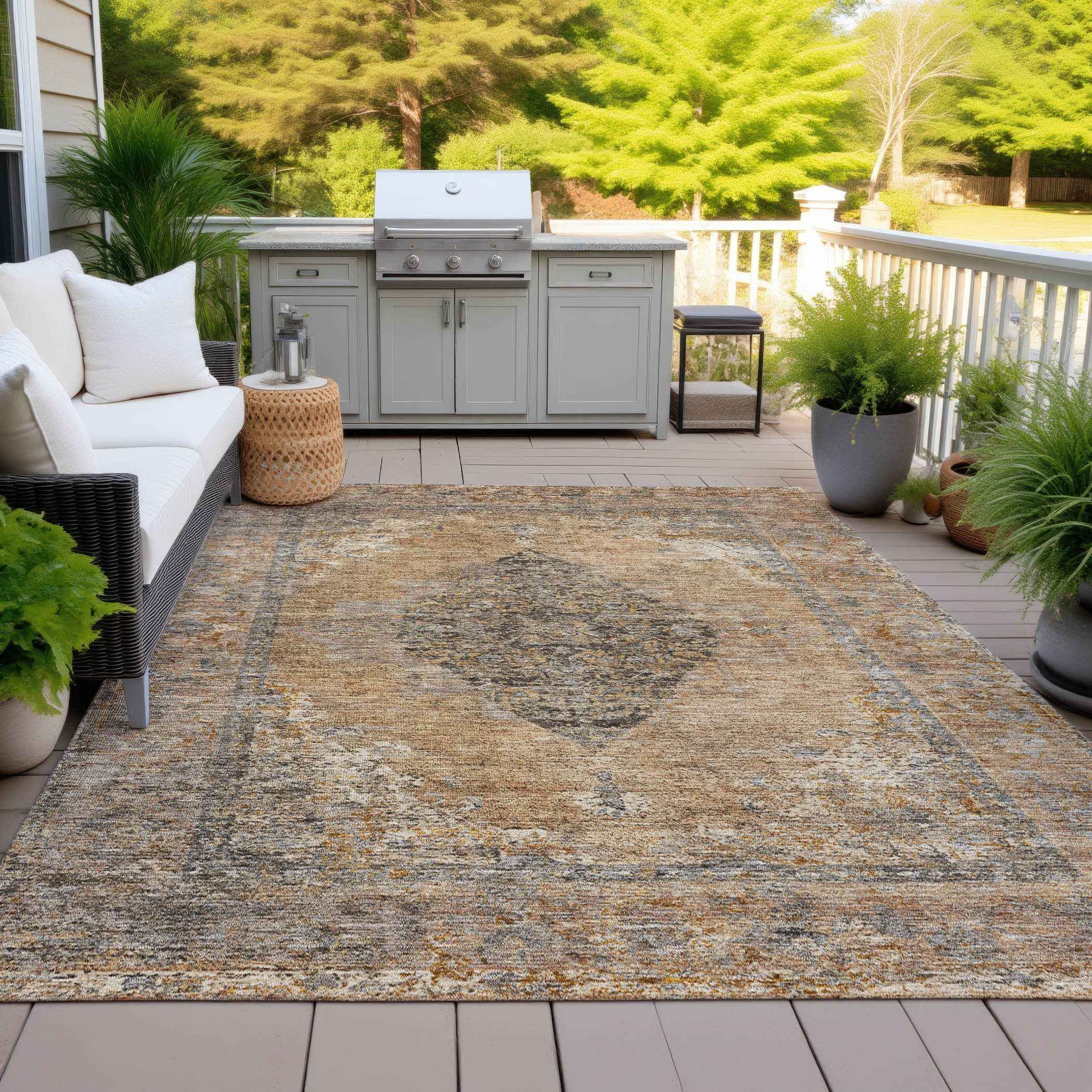 10' X 14' Copper And Taupe Medallion Washable Indoor Outdoor Area Rug