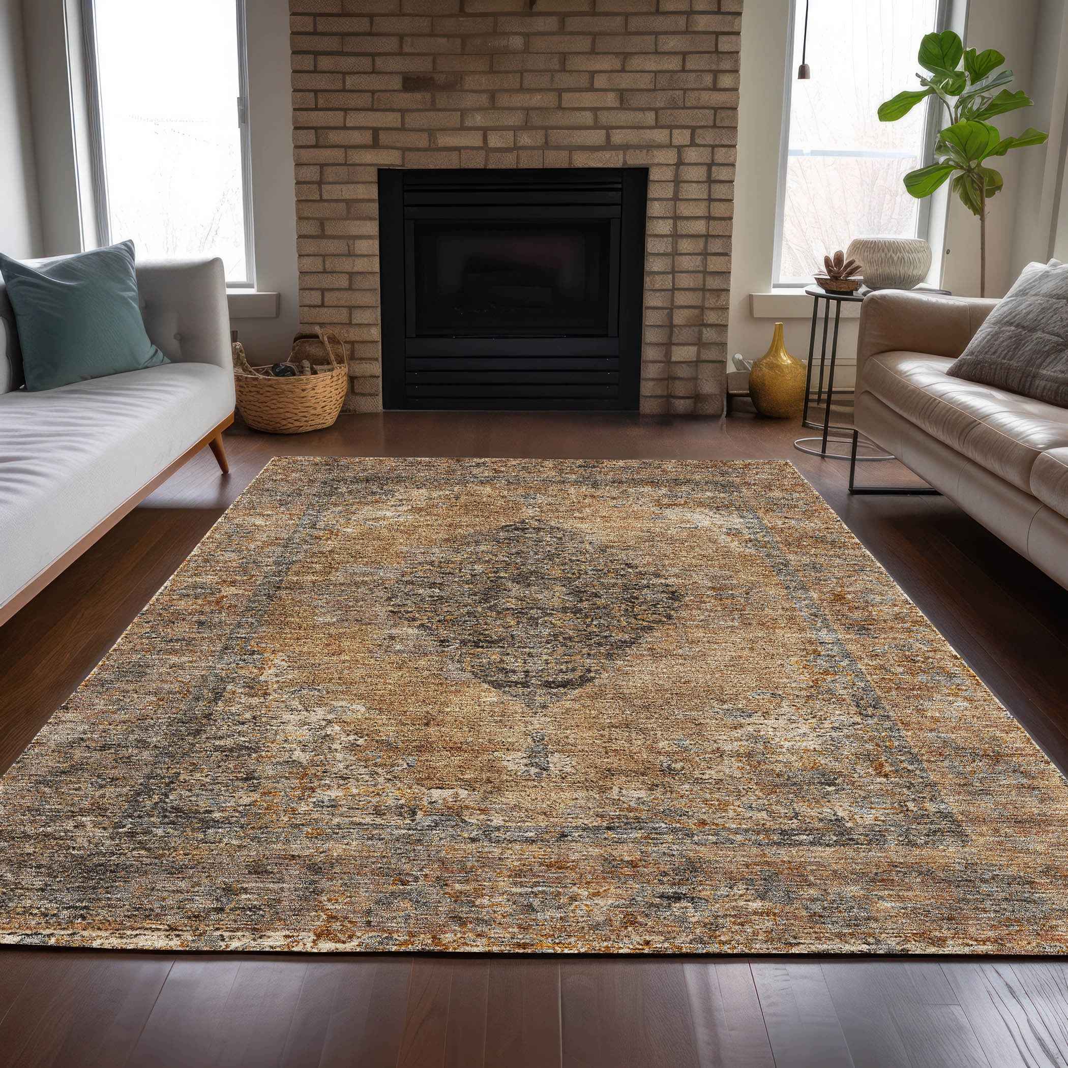 10' X 14' Copper And Taupe Medallion Washable Indoor Outdoor Area Rug