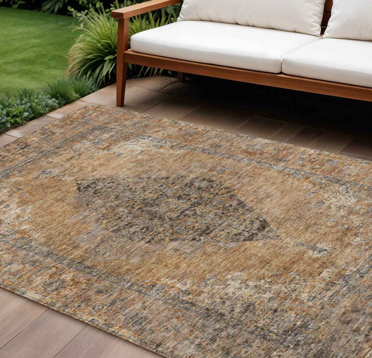10' X 14' Copper And Taupe Medallion Washable Indoor Outdoor Area Rug