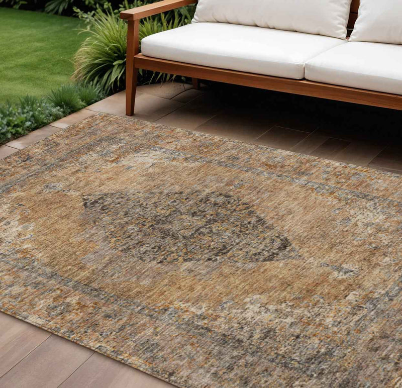10' X 14' Copper And Taupe Medallion Washable Indoor Outdoor Area Rug