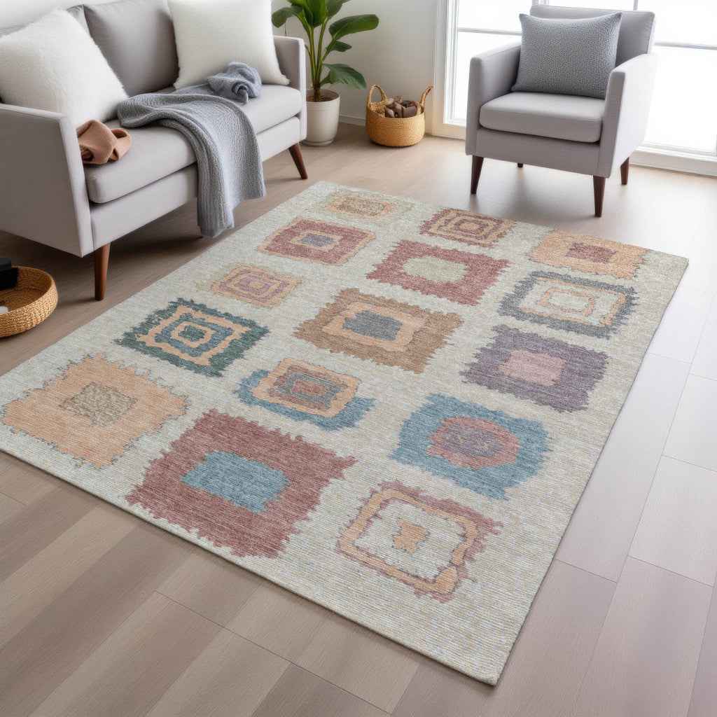 3' X 5' Peach Ivory And Beige Geometric Washable Indoor Outdoor Area Rug