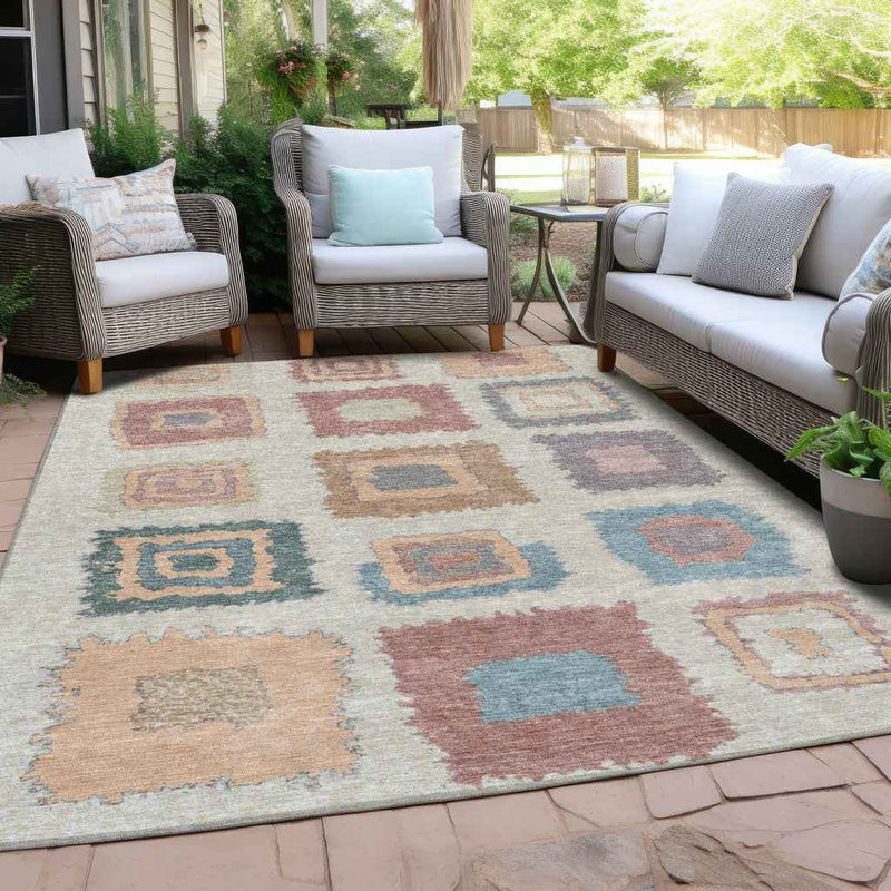 3' X 5' Peach Ivory And Beige Geometric Washable Indoor Outdoor Area Rug