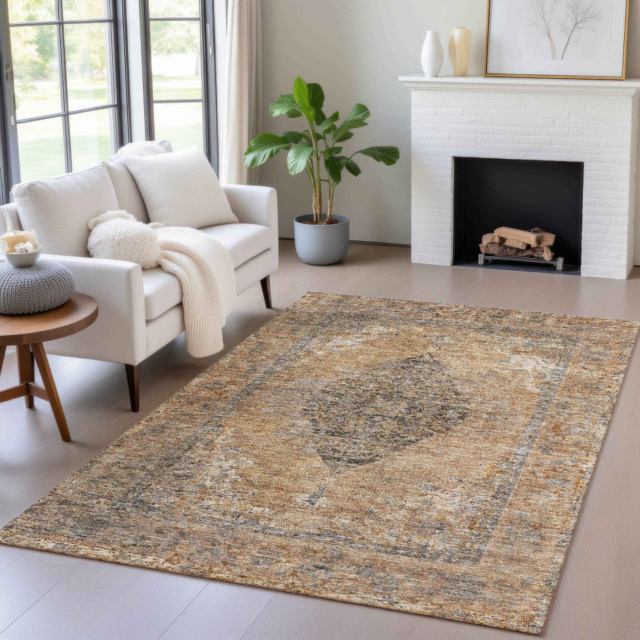 10' X 14' Copper And Taupe Medallion Washable Indoor Outdoor Area Rug