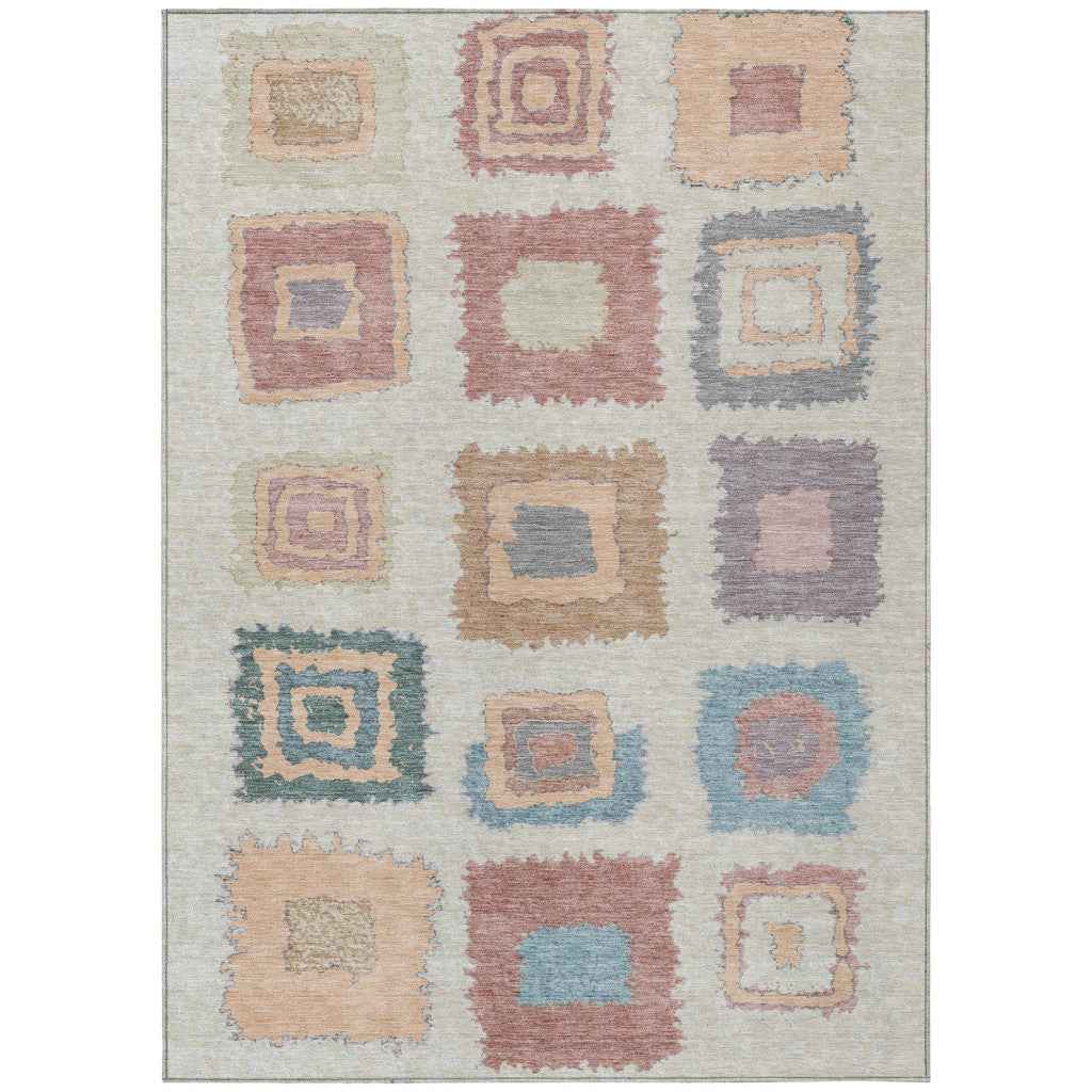 3' X 5' Peach Ivory And Beige Geometric Washable Indoor Outdoor Area Rug